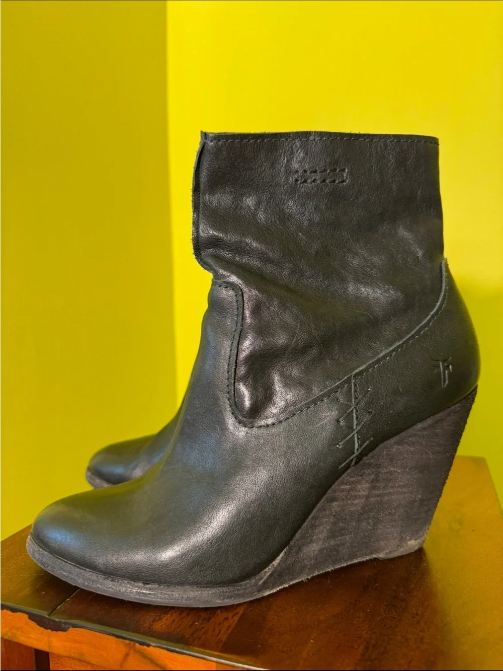 Frye Black Leather Wedge Ankle Boots